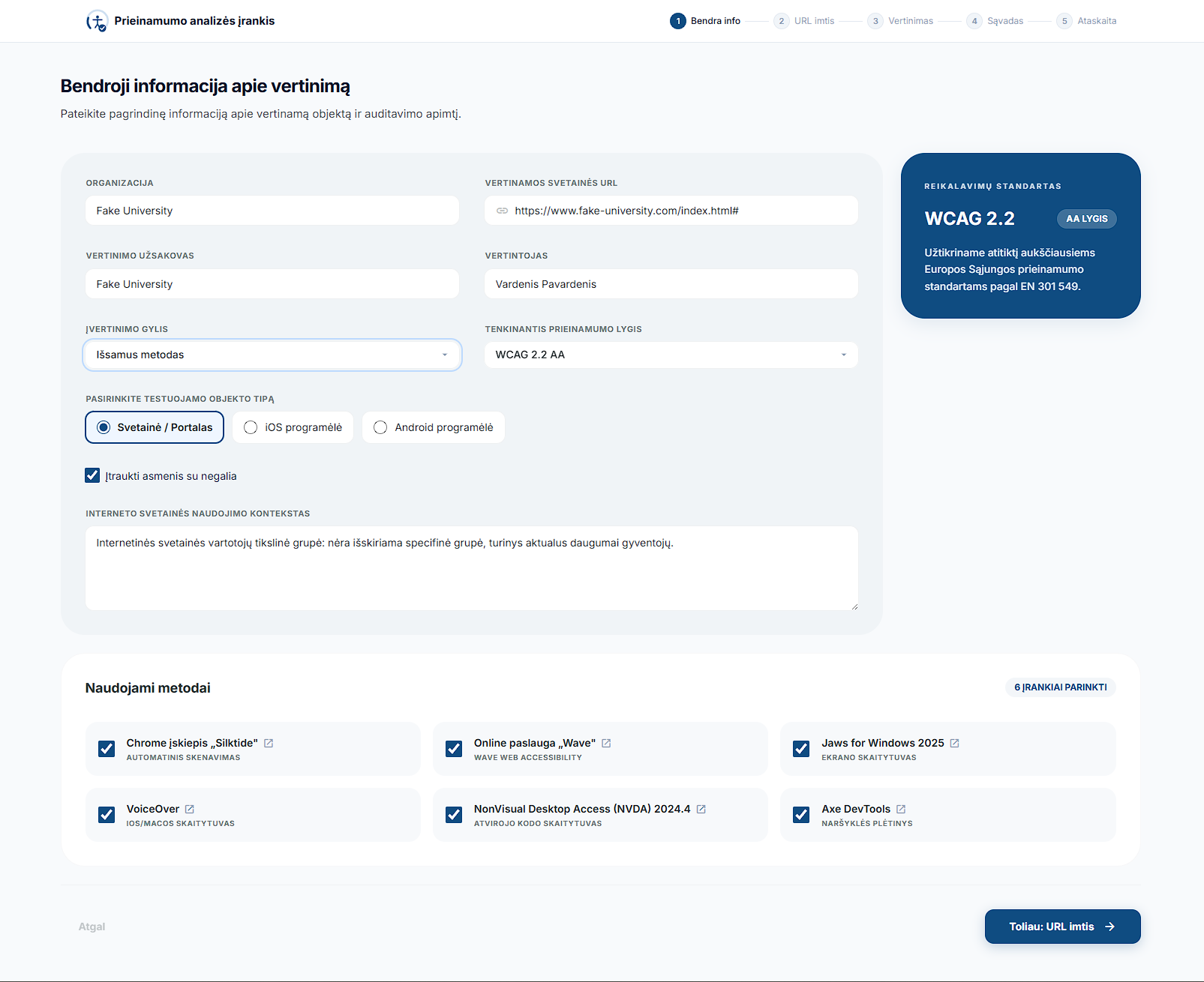 Vertinimo įrankio pavyzdinis langas: bendroji informacija apie vertinimą
